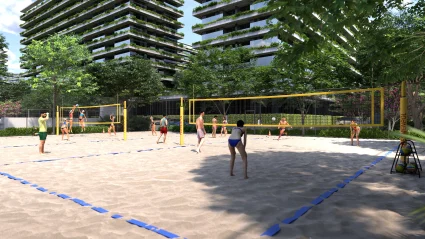 Quadra de beach tennis e areia recreativa